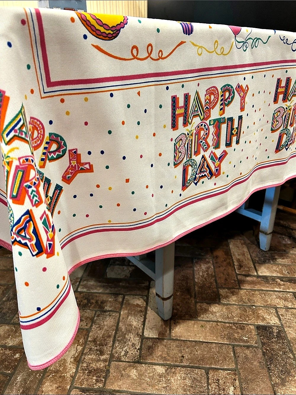 Birthday Party Polyester Tablecloth in White & Multicolor 108x64 Inches